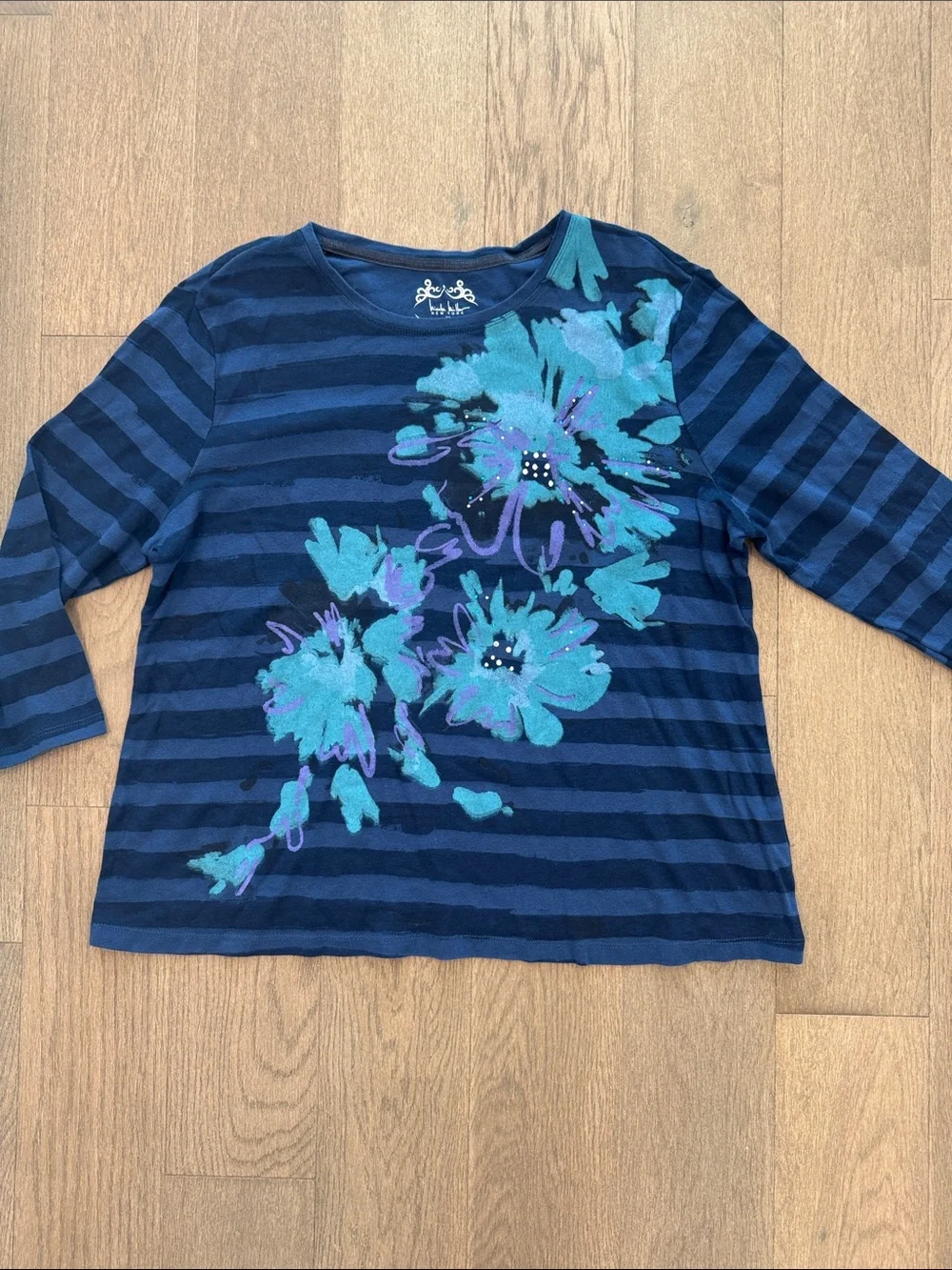 Nicole Miller Knit Cotton Top Blue Stripes Overlaid Embellished Floral Womens 1X